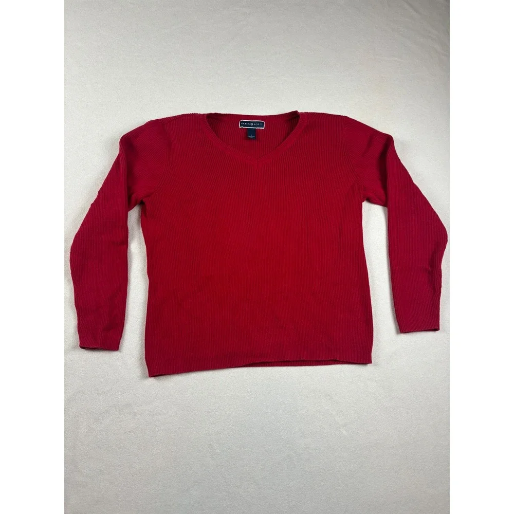 Karen Scott Womens Red Ribbed‎ V-Neck Cotton Sweater Large Long Sleeve Top